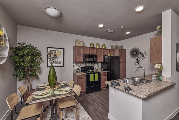 Modern kitchen with stainless steel appliances at Roots at Waco Apartments