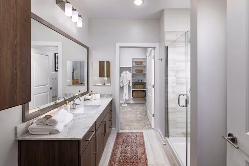 Bathroom with modern fixtures at Overture Powers Ferry Apartments