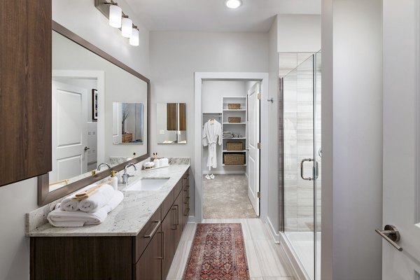 Bathroom with modern fixtures at Overture Powers Ferry Apartments