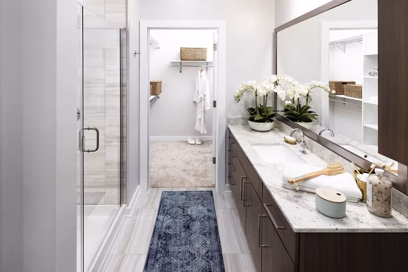 Bathroom featuring modern fixtures at Overture Powers Ferry Apartments, Greystar luxury community in Atlanta