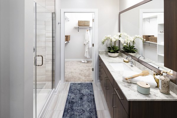 Bathroom featuring modern fixtures at Overture Powers Ferry Apartments, Greystar luxury community in Atlanta