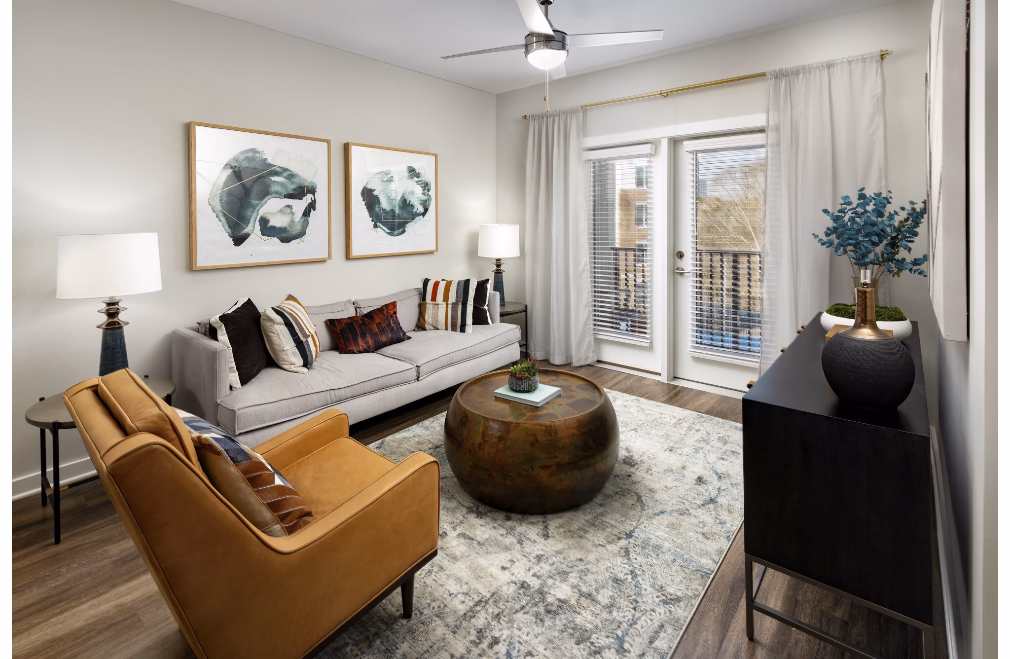 Modern living room with stylish decor at Overture Powers Ferry Apartments, luxury rental by Greystar in prime Atlanta location