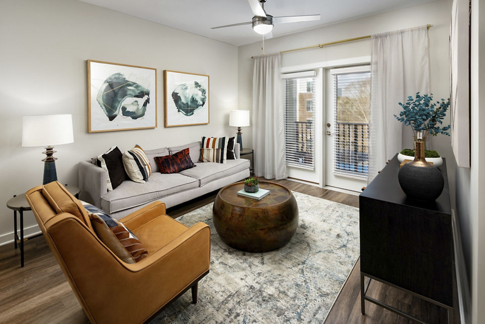 Modern living room with stylish decor at Overture Powers Ferry Apartments, luxury rental by Greystar in prime Atlanta location