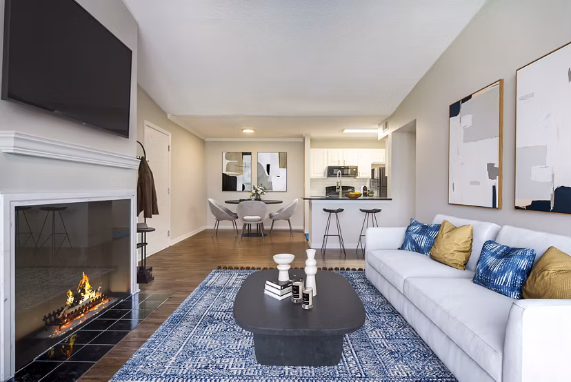 Contemporary living room with open layout at Avana Bellevue Apartments