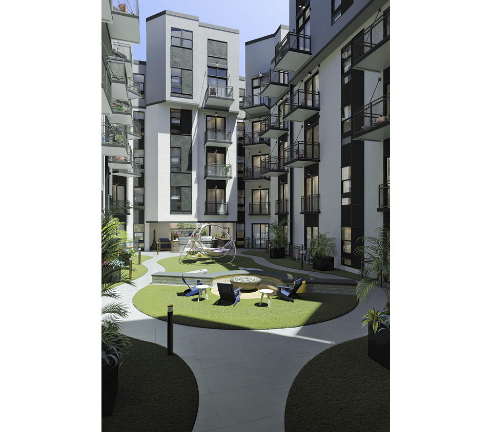 The Parlor Apartments: Lush courtyard with modern seating and greenery, perfect for relaxation and social gatherings in a serene environment