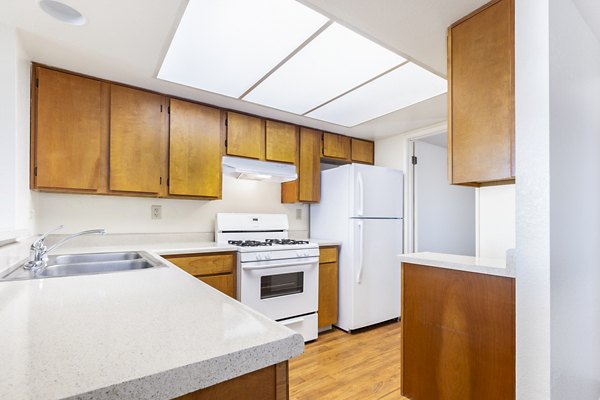 Kitchen featuring modern appliances and sleek countertops at Schoonover Park Apartments