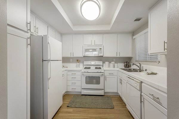 Modern kitchen featuring stainless steel appliances and granite countertops in Colony Parc Apartments