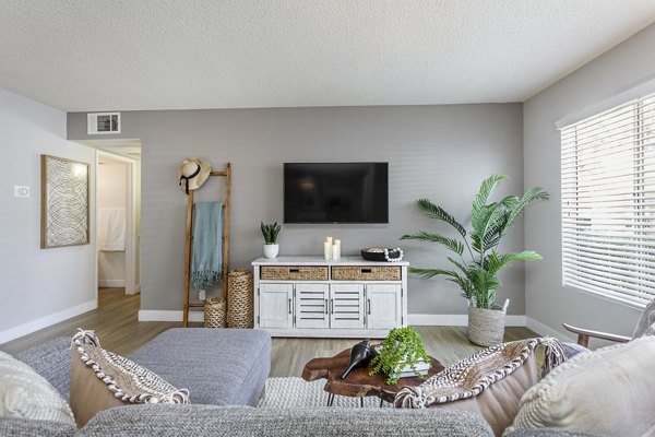 Modern living room with large windows and stylish decor at Colony Parc Apartments