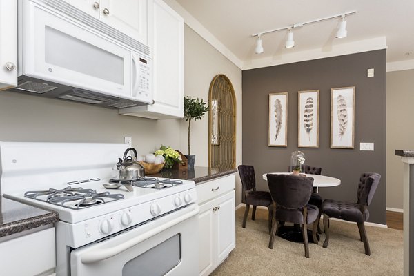 Modern kitchen featuring stainless steel appliances and quartz countertops at Parc Chateaux Apartments in Santa Clarita, CA.