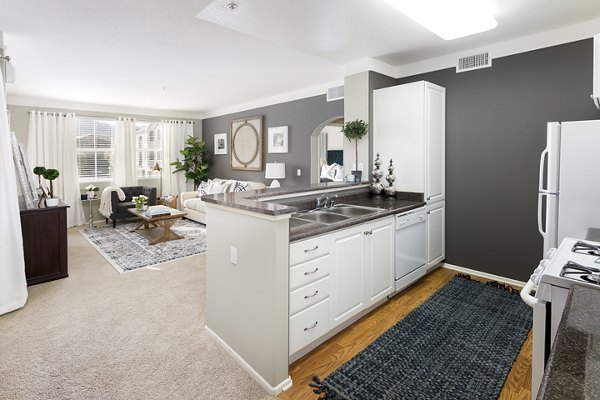 Modern kitchen with stainless steel appliances and granite countertops at Parc Chateaux Apartments