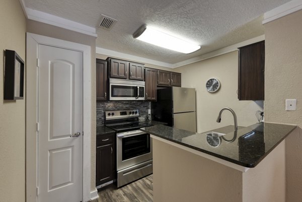 Modern kitchen featuring granite countertops and stainless steel appliances at Stone Chase Apartments