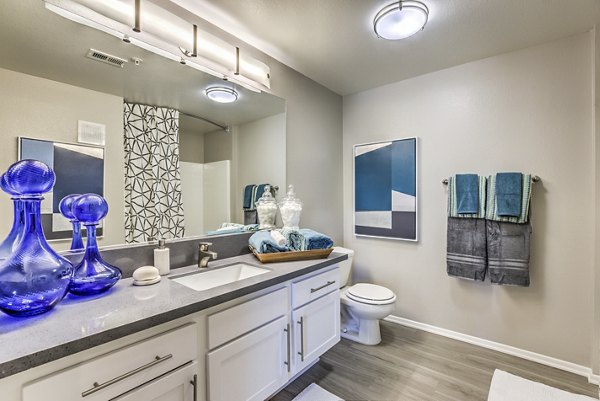 Modern bathroom with sleek fixtures at Mission Grove Park Apartments, a luxury community by Greystar