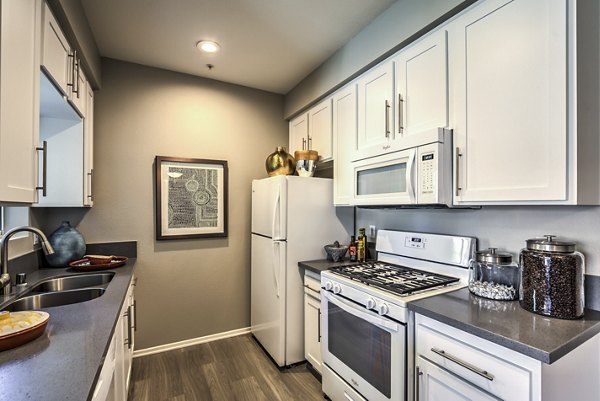 Kitchen with granite countertops and stainless steel appliances in Mission Grove Park Apartments