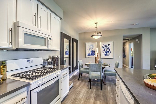 Modern kitchen with stainless steel appliances at Mission Grove Park Apartments in a Greystar community