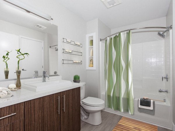 Bathroom featuring sleek fixtures and marble countertops at 201 Marshall Apartments