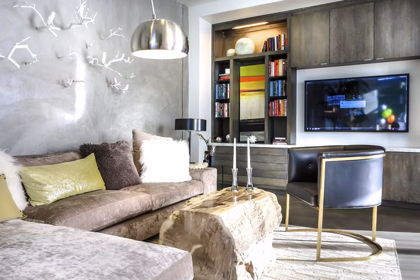 Clubhouse featuring modern decor at 201 Marshall Apartments, a luxury community by Greystar