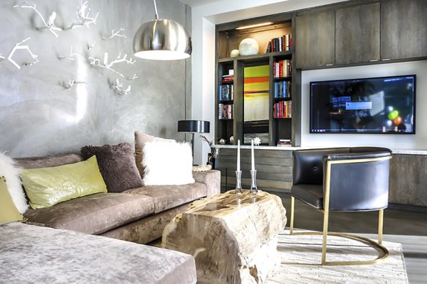 Clubhouse featuring modern decor at 201 Marshall Apartments, a luxury community by Greystar
