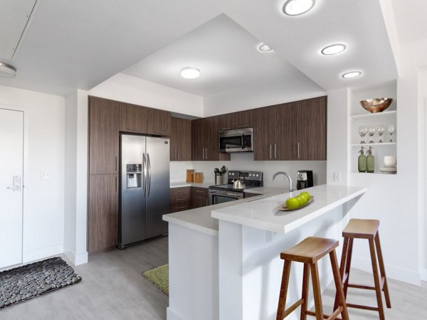 Modern kitchen with stainless steel appliances and granite countertops in 201 Marshall Apartments