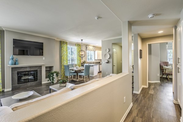 Bright hallway with contemporary lighting at Signature Point Apartments