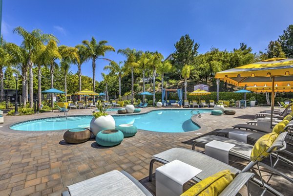 Resort-style pool surrounded by lush landscaping at Signature Point Apartments, perfect for relaxing and socializing