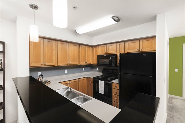 Modern kitchen with stainless steel appliances at Dexter Lake Union Apartments