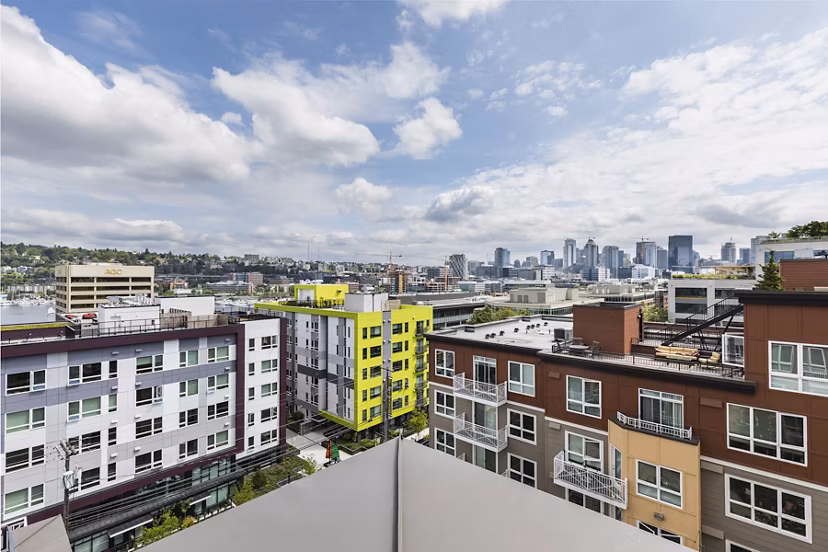 Dexter Lake Union Apartments: Scenic view of Lake Union from modern luxury apartment in Seattle