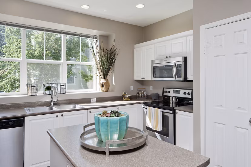 Modern kitchen with stainless steel appliances in Lions Gate South Apartments