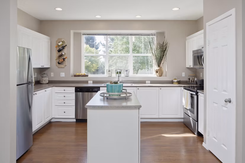 Modern kitchen with stainless steel appliances in Lions Gate South Apartments