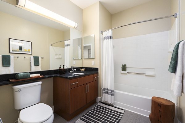Bathroom with modern fixtures and elegant countertops in Bridgepointe Apartments luxury residence