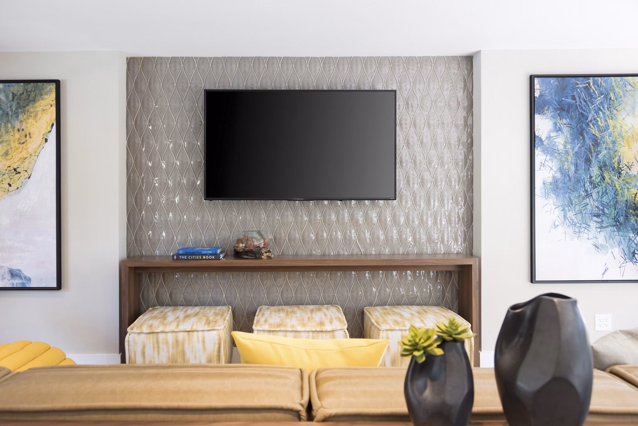 Elegant clubhouse featuring modern design at Central Park at Whisman Station Apartments, perfect for social gatherings and relaxation