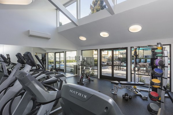 State-of-the-art fitness center at Central Park at Whisman Station Apartments with modern equipment and space for workouts