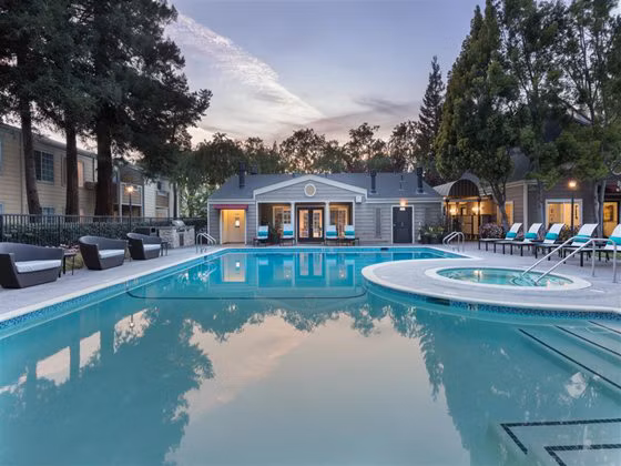 Inviting outdoor pool area at Central Park at Whisman Station Apartments, perfect for relaxation and recreation