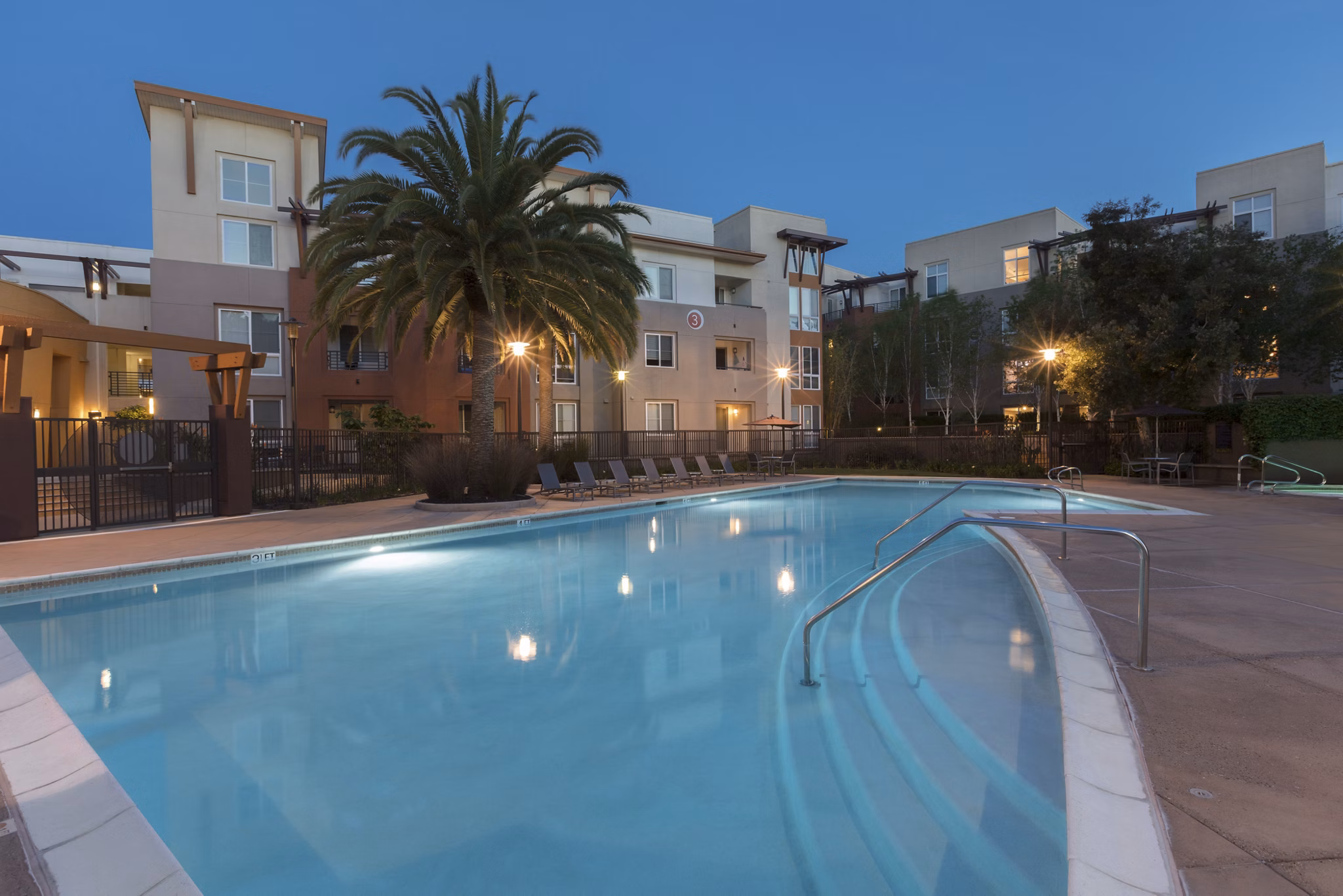 Aerial view of the sleek outdoor pool surrounded by lush landscaping at Domicilio Apartments