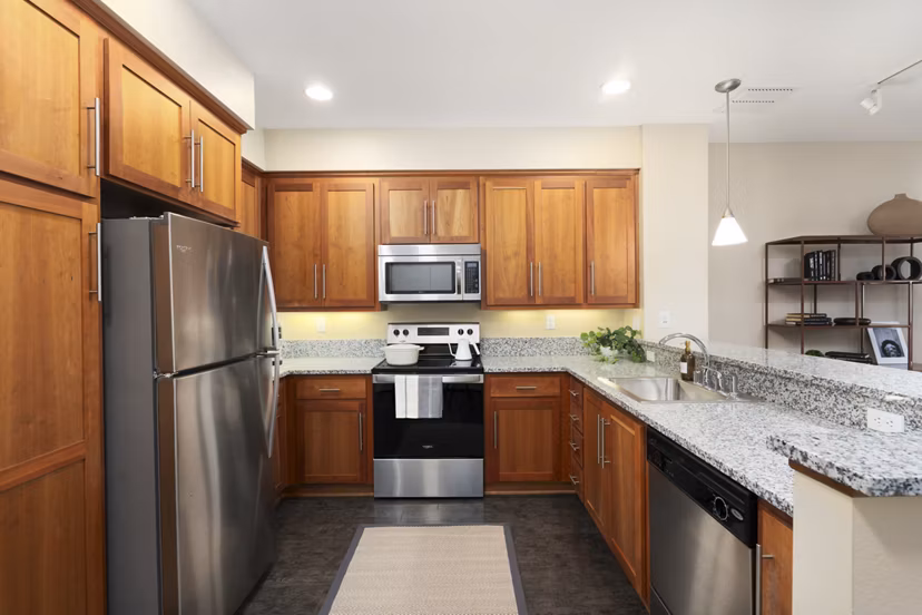 Kitchen with stainless steel appliances and granite countertops at Elements Apartments