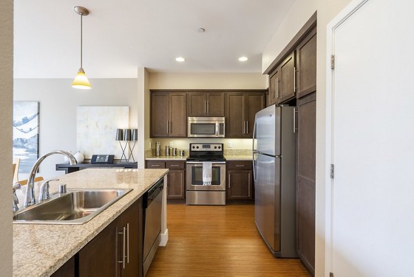 Modern kitchen with stainless steel appliances at Mosaic Apartments, a Greystar luxury community