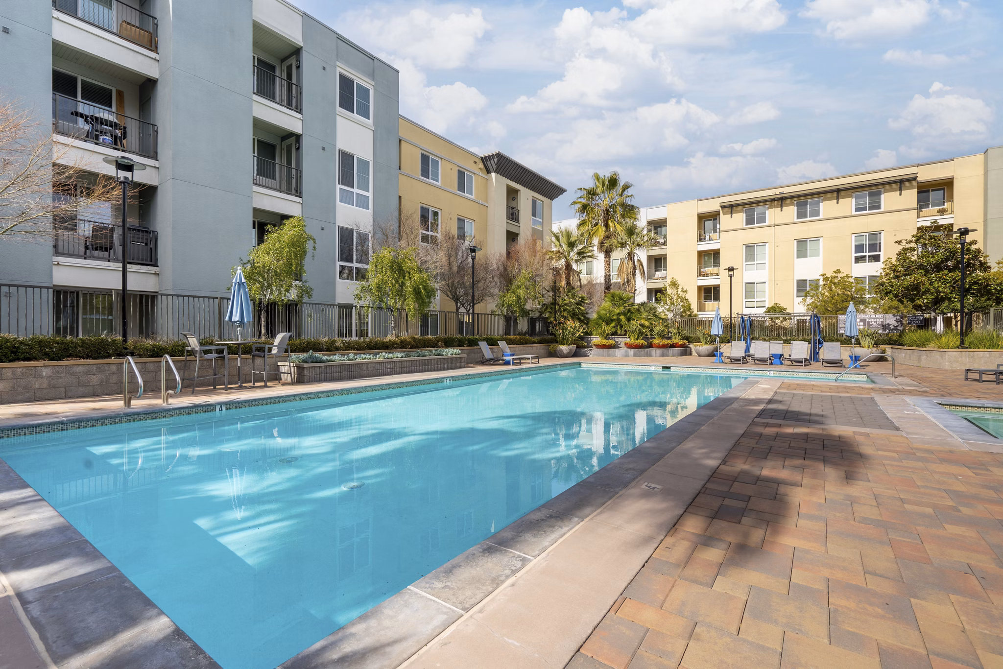 Poolside relaxation area at Mosaic Apartments: Luxury swim zone with lounge chairs and city views Ideal for Greystar residents seeking leisure