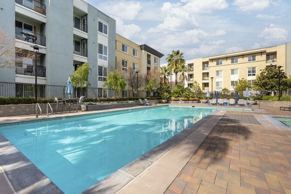 Poolside relaxation area at Mosaic Apartments: Luxury swim zone with lounge chairs and city views Ideal for Greystar residents seeking leisure