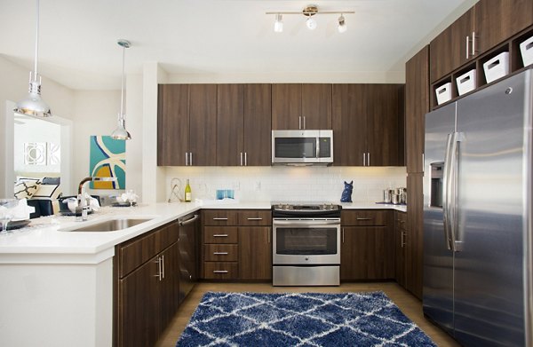 Broadstone on 9th: Contemporary kitchen with stainless steel appliances and quartz countertops in luxury apartments