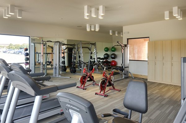 State-of-the-art gym with treadmills, stationary bikes, and weights at luxury apartments