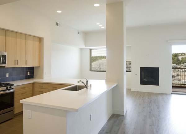 Modern kitchen and living area with light wood cabinets and fireplace in luxury apartment