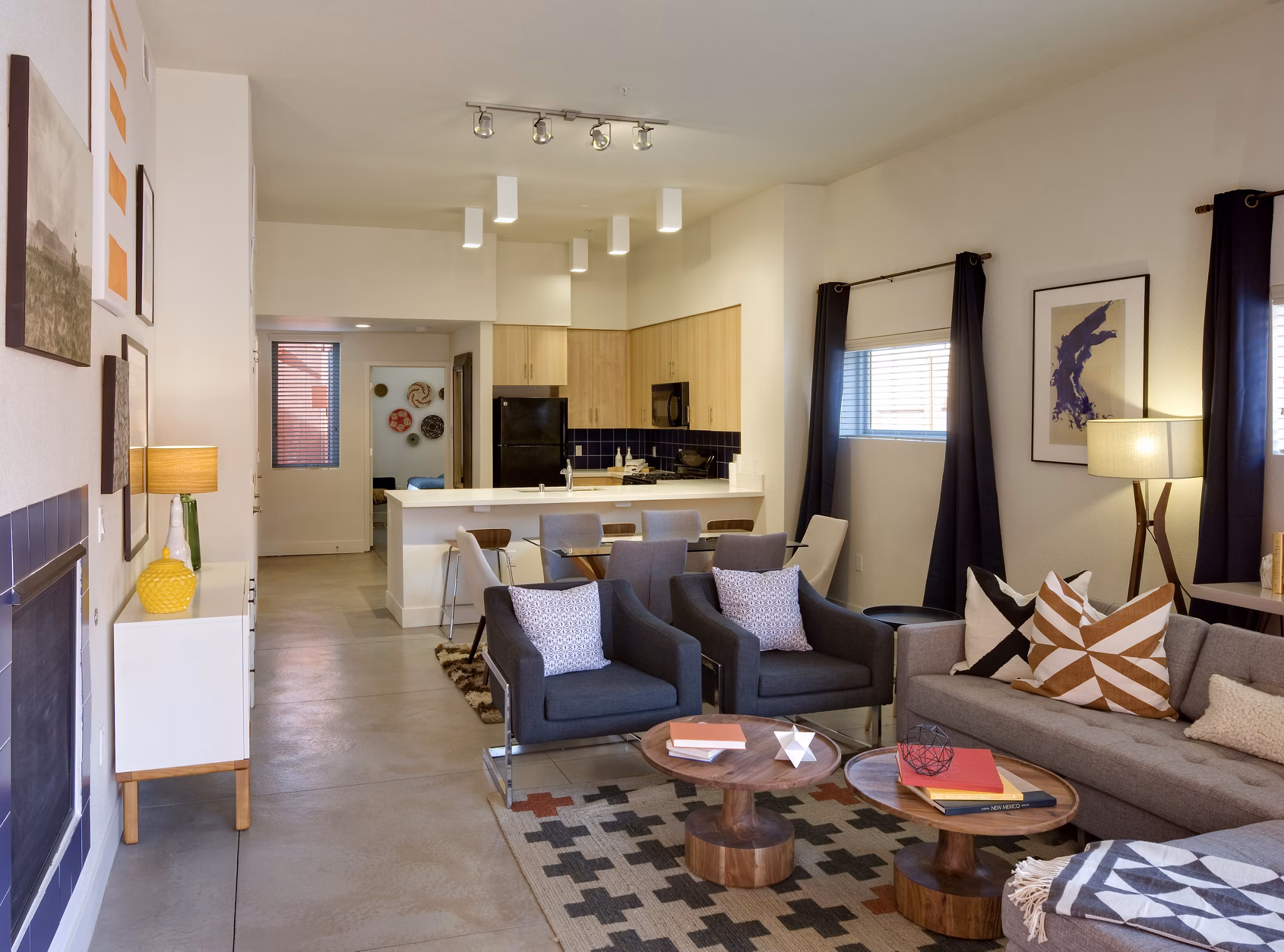 Modern living room and kitchen with stylish furniture and decor in luxury apartments