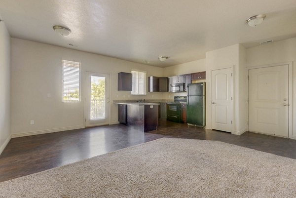 Spacious kitchen with modern appliances in Villas on Main Apartments