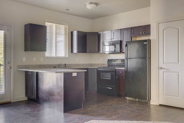 Modern kitchen with stainless steel appliances at Villas on Main Apartments