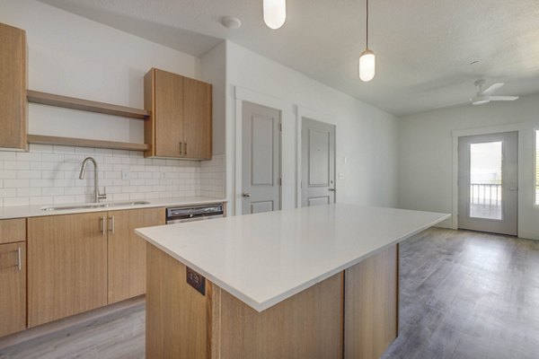 Modern kitchen with stainless steel appliances at Villas on Main Apartments