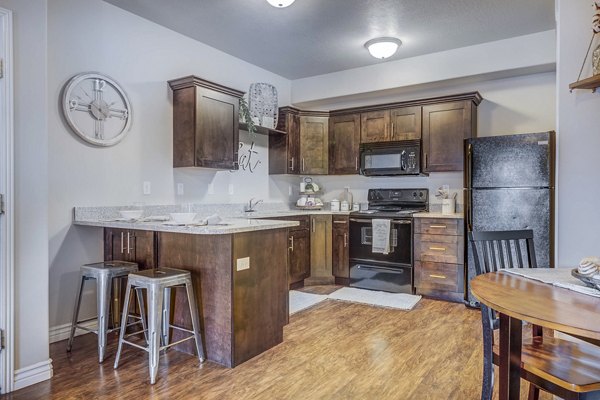 Modern kitchen with stainless steel appliances at Pinnacle Highbury Apartments