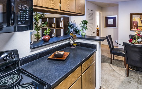 Modern kitchen with stainless steel appliances at Fountainhead Apartments