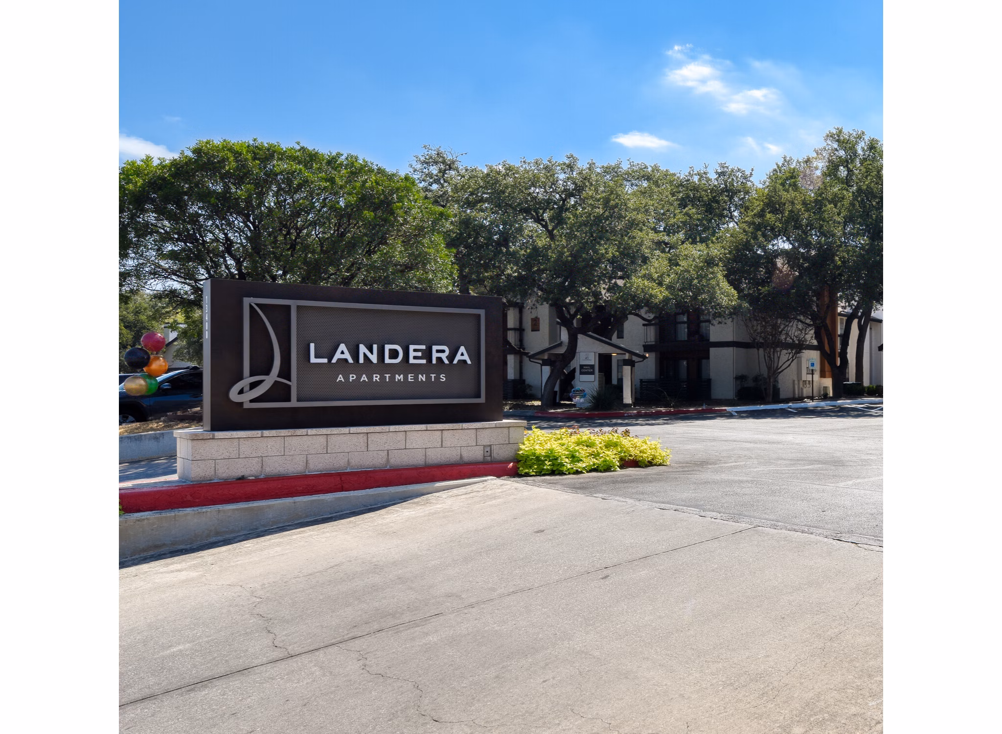 Landera Apartments signage: Modern signage displays at luxury apartments in downtown location