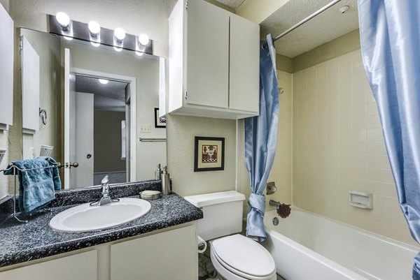 Modern bathroom with sleek fixtures at Woods of Elm Creek Apartments, featuring luxury vanity and spacious layout