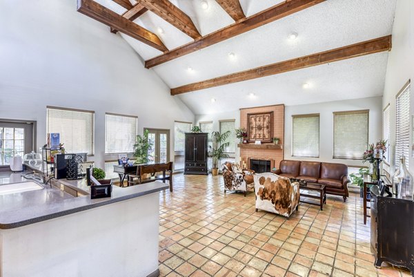 Welcoming clubhouse lobby with modern seating at Woods of Elm Creek Apartments, featuring stylish decor and ample space for relaxation and gatherings