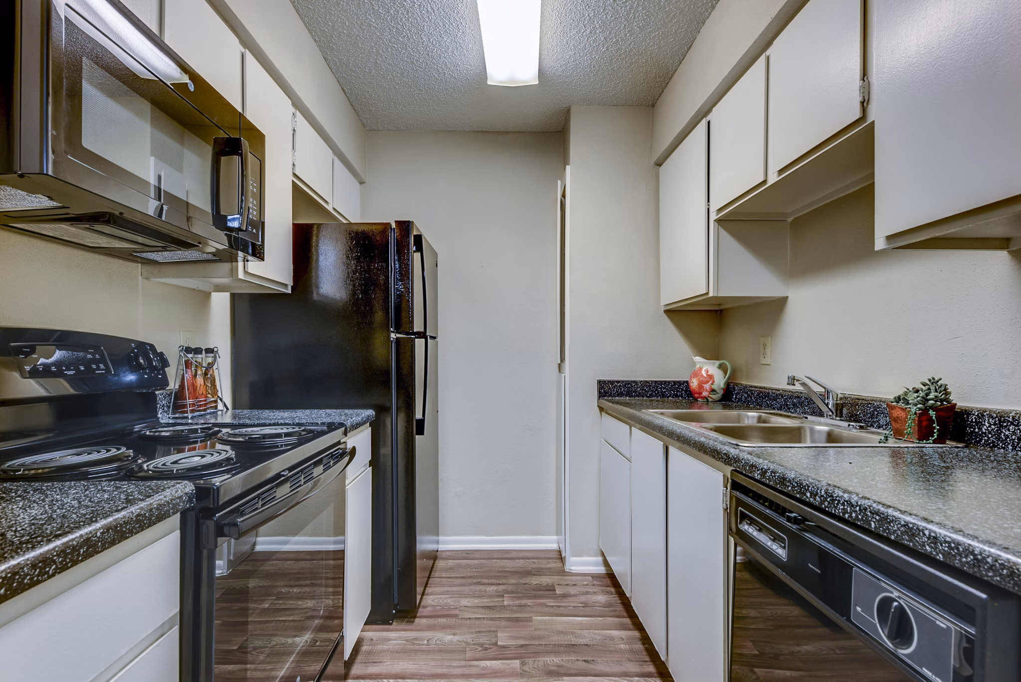 Sleek modern kitchen featuring stainless steel appliances in Woods of Elm Creek Apartments